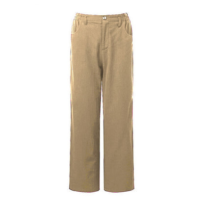 Pure color cotton and linen loose high waist casual trousers