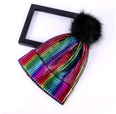 Autumn and winter new hat color hair ball knit hat men and women warm gold silver shiny wool hat