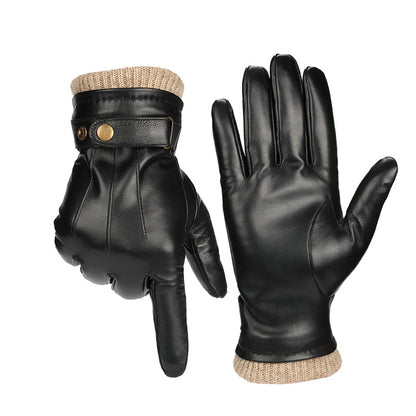 Men's Winter Plus Velvet Warm Gloves Genuine Leather Simple