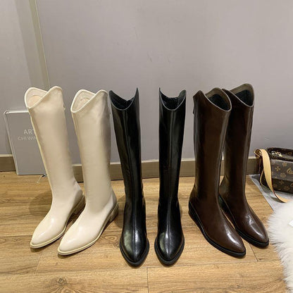 Pointed Toe V-shaped Mouth Velvet Padded Slimming High Rear Zipper Riding Boots