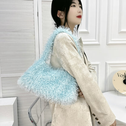 Fashionable And Versatile Candy Colored Hand-held Single Shoulder Tassel Bag