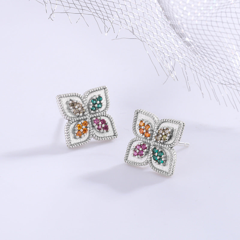 S925 Silver Four Leaf Grass Color Diamond Earrings