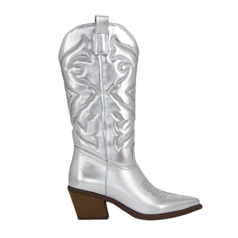 Women's Vintage Big Waist Chunky Heel High Cowboy Boots