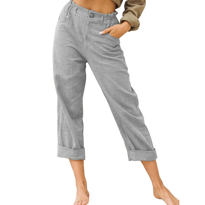 Pure color cotton and linen loose high waist casual trousers