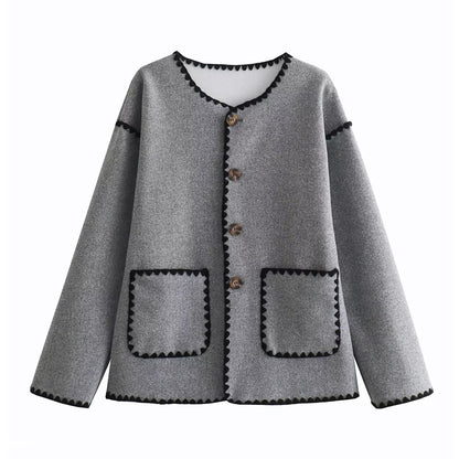 Graceful European And American Style Color Matching Pocket Decorative Woolen Fashionable Jacket