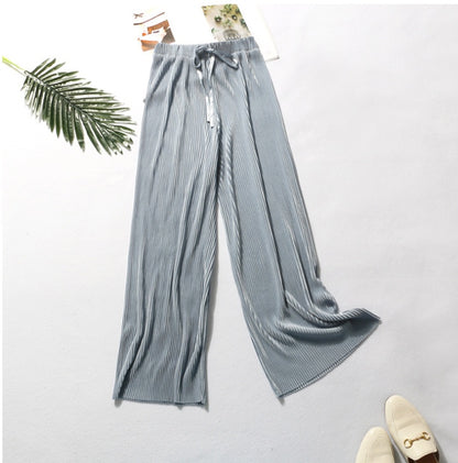 Pleated wide-leg pants trousers high waist vertical spring and summer new loose casual pants chiffon trousers ice silk nine points pants