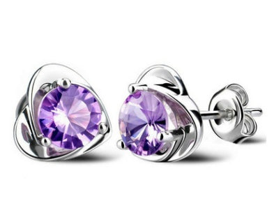 S925 sterling silver Japanese and Korean women's amethyst earrings Crown chrysanthemum dolphins zircon earrings hypoallergenic earrings