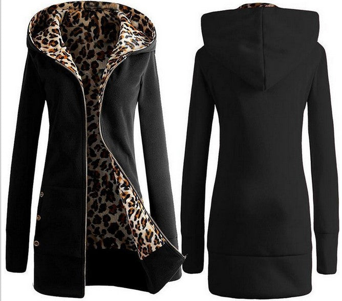 Hooded Thickening Leopard Print Sweater Plush Coat Female