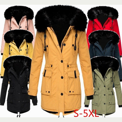 Thick Hooded Drawstring Mid-length Cotton Zipper Coat Jacket