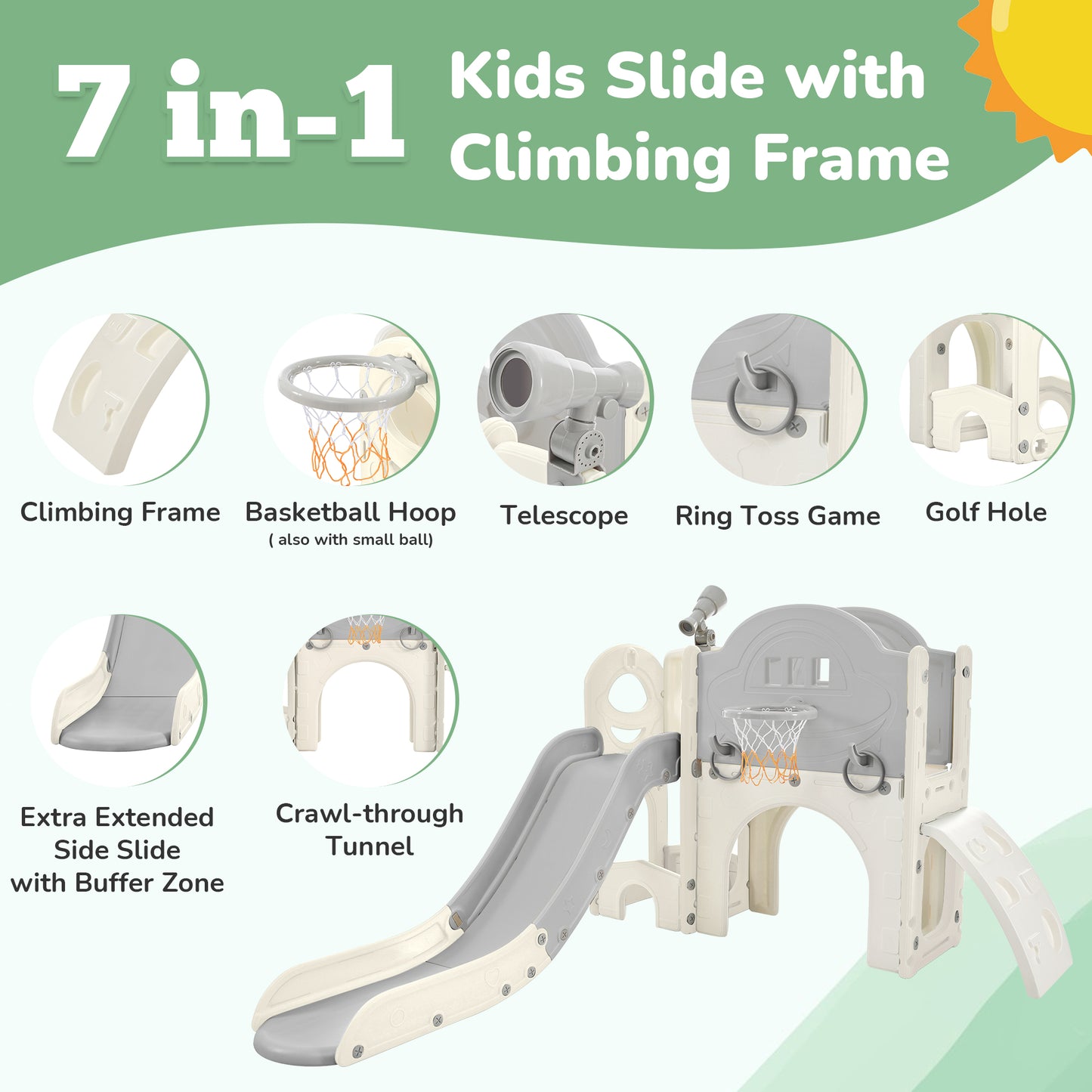 Kids Slide Playset Structure 7 in 1, Freestanding Spaceship Set with Slide, Arch Tunnel Grey+White + HDPE