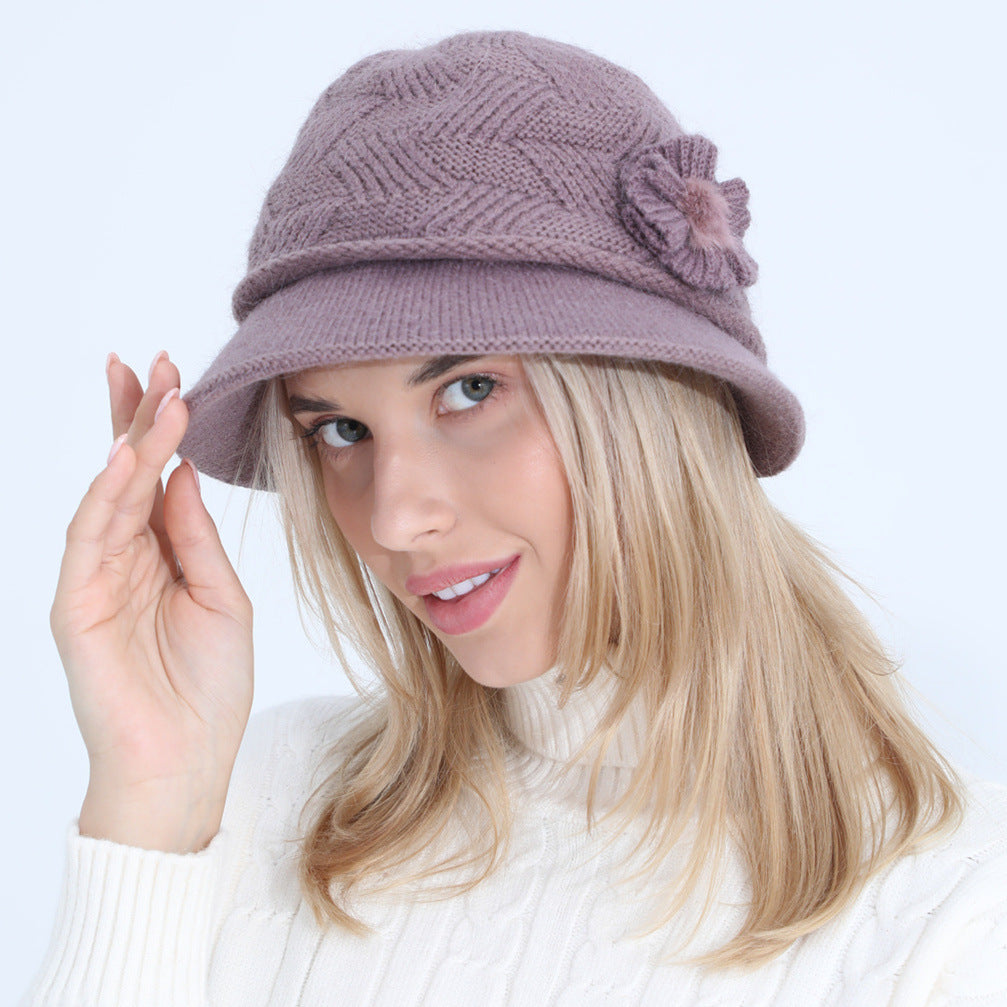 Knitted Hat New Ladies Autumn And Winter Flowers Mother Rabbit Woolen Pot Hat Plus Velvet