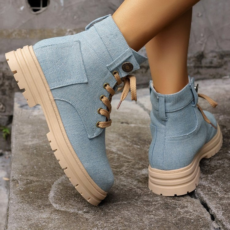 Lace-up Denim Ankle Boots Women Fashion Platform Cowboy Boots Casual Fashion Autumn Winter Round Toe Shoes