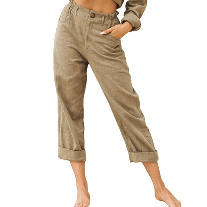 Pure color cotton and linen loose high waist casual trousers