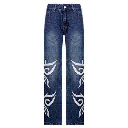 Loose Trousers Low-rise Pleated Heart-print Washed Jeans