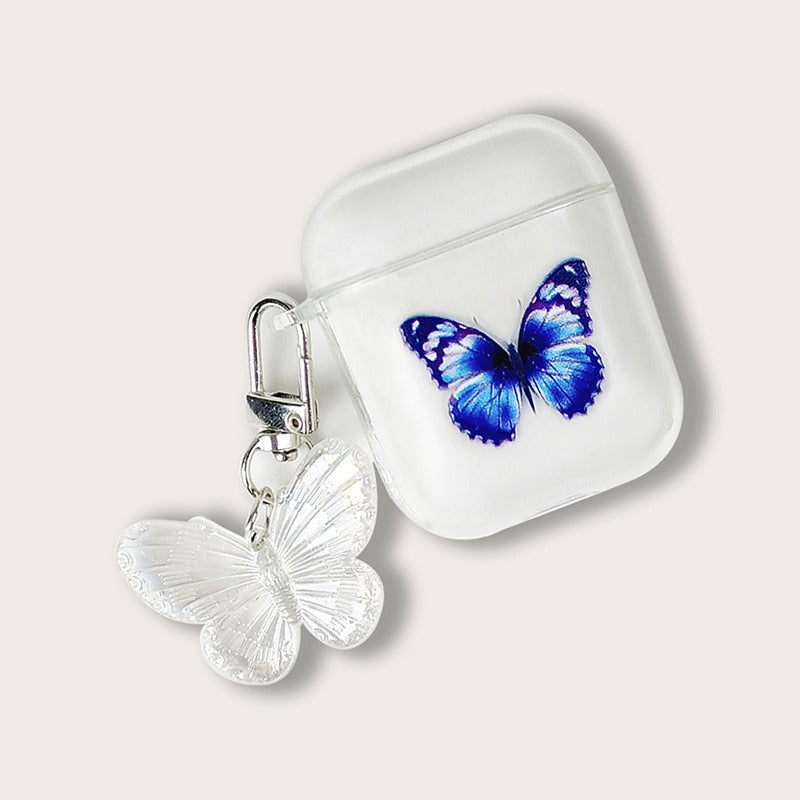 Painted blue butterfly pendant earphone case, flat fruit wireless Bluetooth earphone protective case, airpods2 transparent soft case