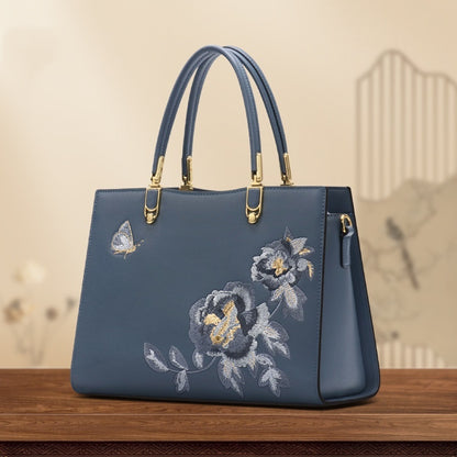 Chinese Peony Butterfly Leather Graceful And Fashionable Large Capacity Embroidery Texture Diana Bag