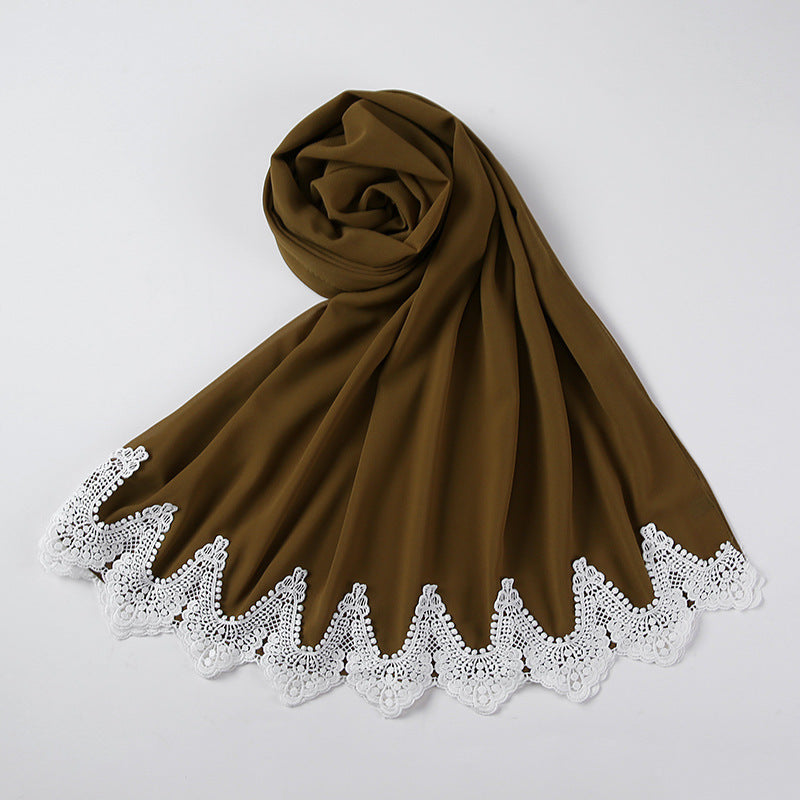 New Pearl Chiffon Scarf Malaysia Fashion Stitching Lace Scarf