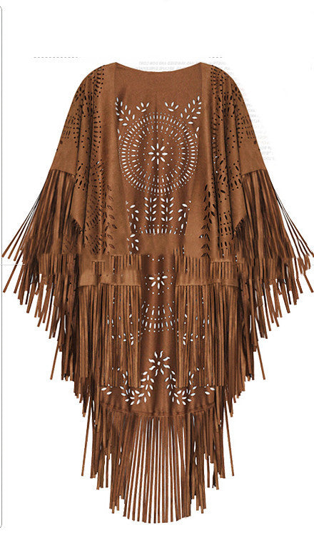 Women's Suede Hollow Fringed Short Sleeve Jacket