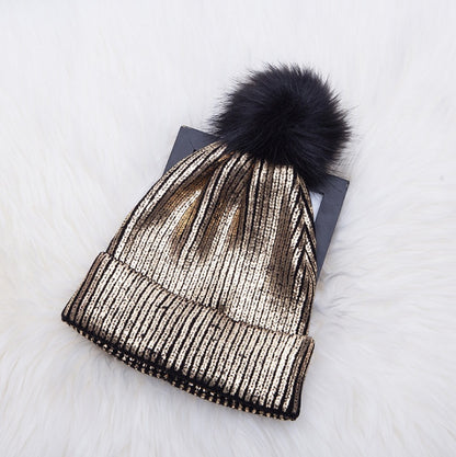 Autumn and winter new hat color hair ball knit hat men and women warm gold silver shiny wool hat