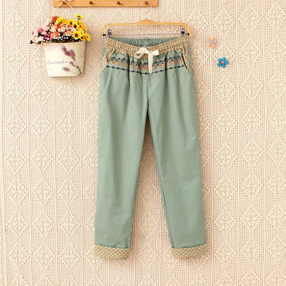 Japanese Embroidered Cotton And Linen Pants For Women