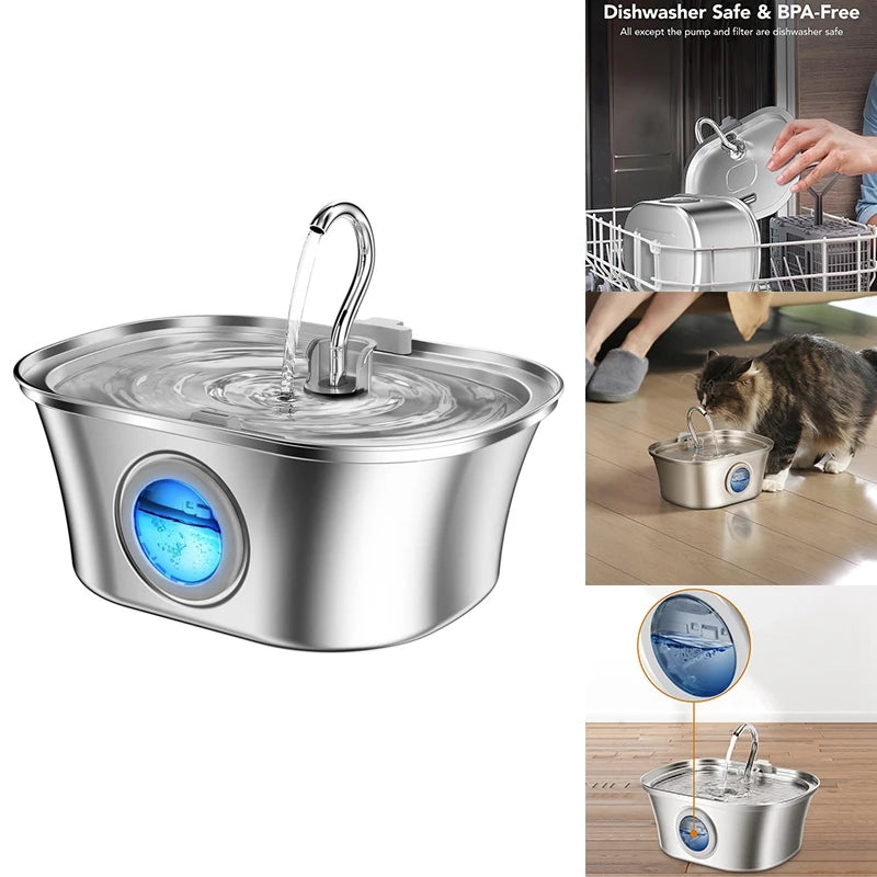 3.2L  Cat Water Fountain With Water Level Window,Stainless Steel Automatic Pet Water Fountain,Dog Water Dispenser Durable  USB