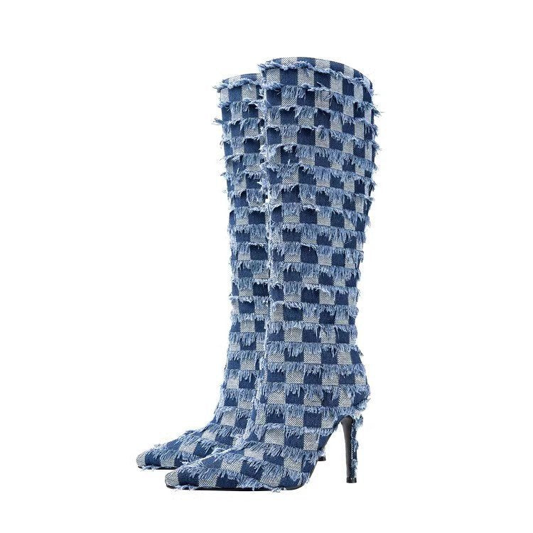 Chessboard Plaid Denim Blue Cloth Women's Boots