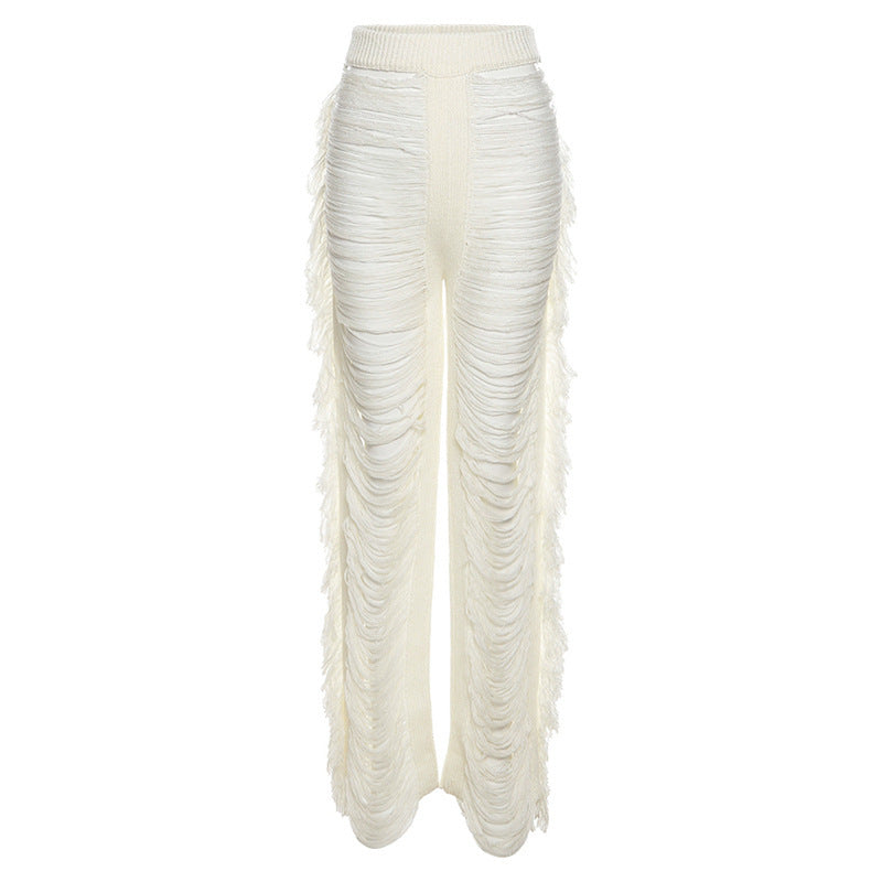 Women's Cutout Shredded Tassel Slim Fit Straight Casual Trousers