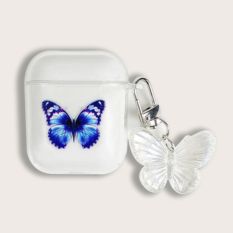 Painted blue butterfly pendant earphone case, flat fruit wireless Bluetooth earphone protective case, airpods2 transparent soft case