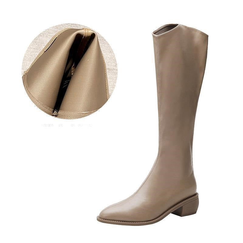 Pointed Toe V-shaped Mouth Velvet Padded Slimming High Rear Zipper Riding Boots