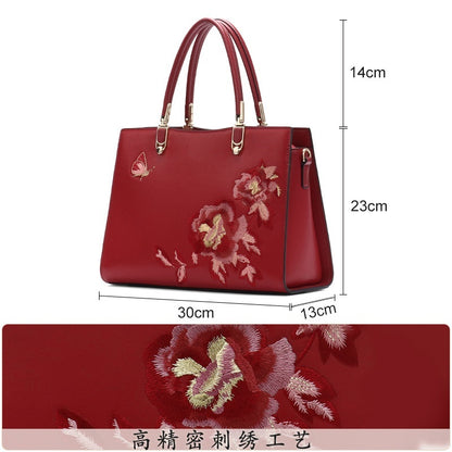 Chinese Peony Butterfly Leather Graceful And Fashionable Large Capacity Embroidery Texture Diana Bag