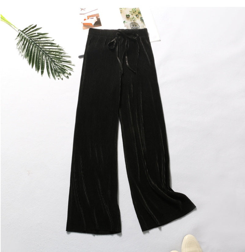 Pleated wide-leg pants trousers high waist vertical spring and summer new loose casual pants chiffon trousers ice silk nine points pants