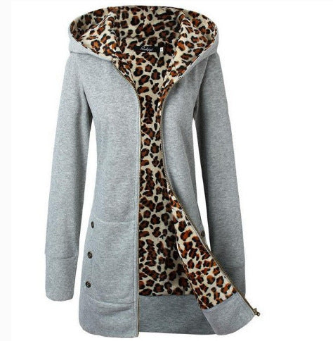 Hooded Thickening Leopard Print Sweater Plush Coat Female