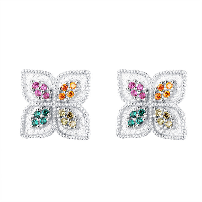 S925 Silver Four Leaf Grass Color Diamond Earrings