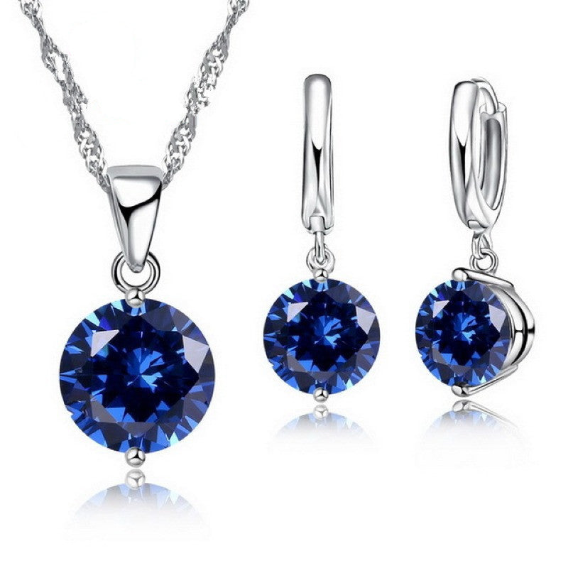 Sterling Silver Pendant Necklace Earrings Set Fashion Jewelry Trendy Style Austrian Crystal Women Engagement Colours