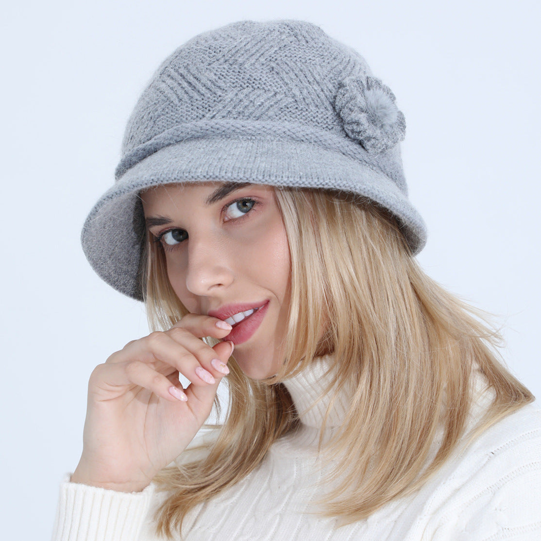 Knitted Hat New Ladies Autumn And Winter Flowers Mother Rabbit Woolen Pot Hat Plus Velvet