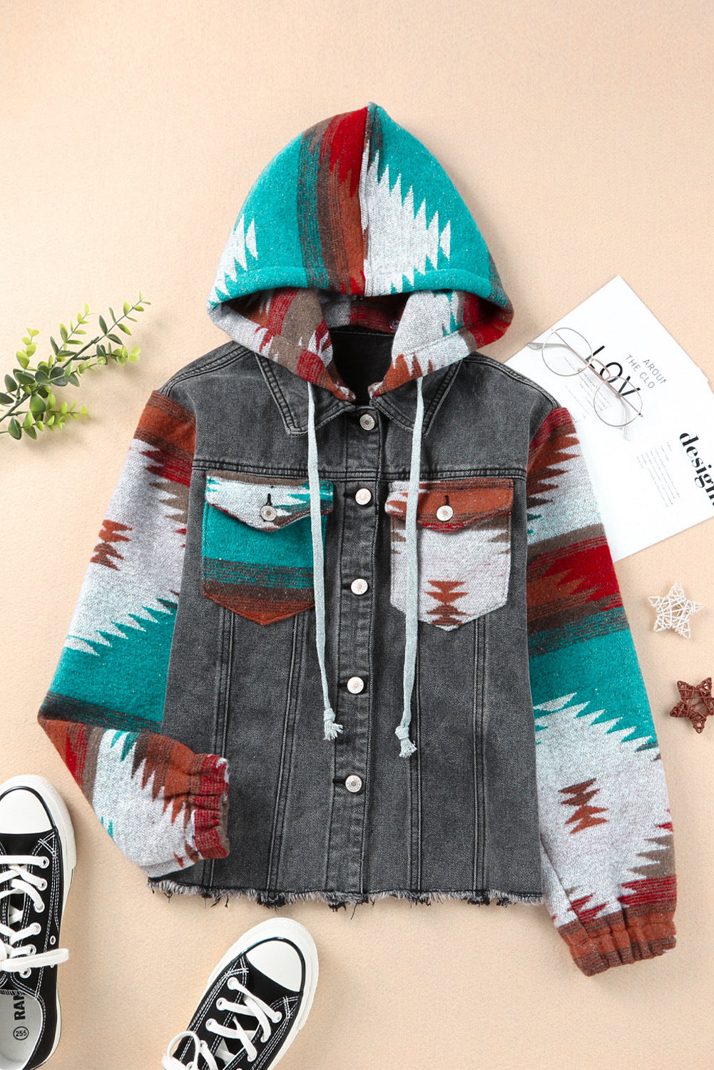 Western Style Denim Stitching Hooded Jacket Multi-color Printed Frayed Hem Jacket