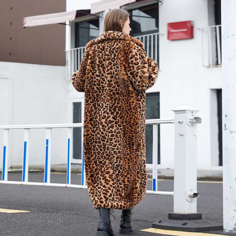 Faux Fur Leopard Print Rabbit Fur Super Long Suit Collar Fur Coat