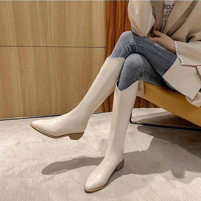 Pointed Toe V-shaped Mouth Velvet Padded Slimming High Rear Zipper Riding Boots