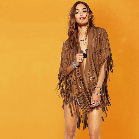 Women's Suede Hollow Fringed Short Sleeve Jacket