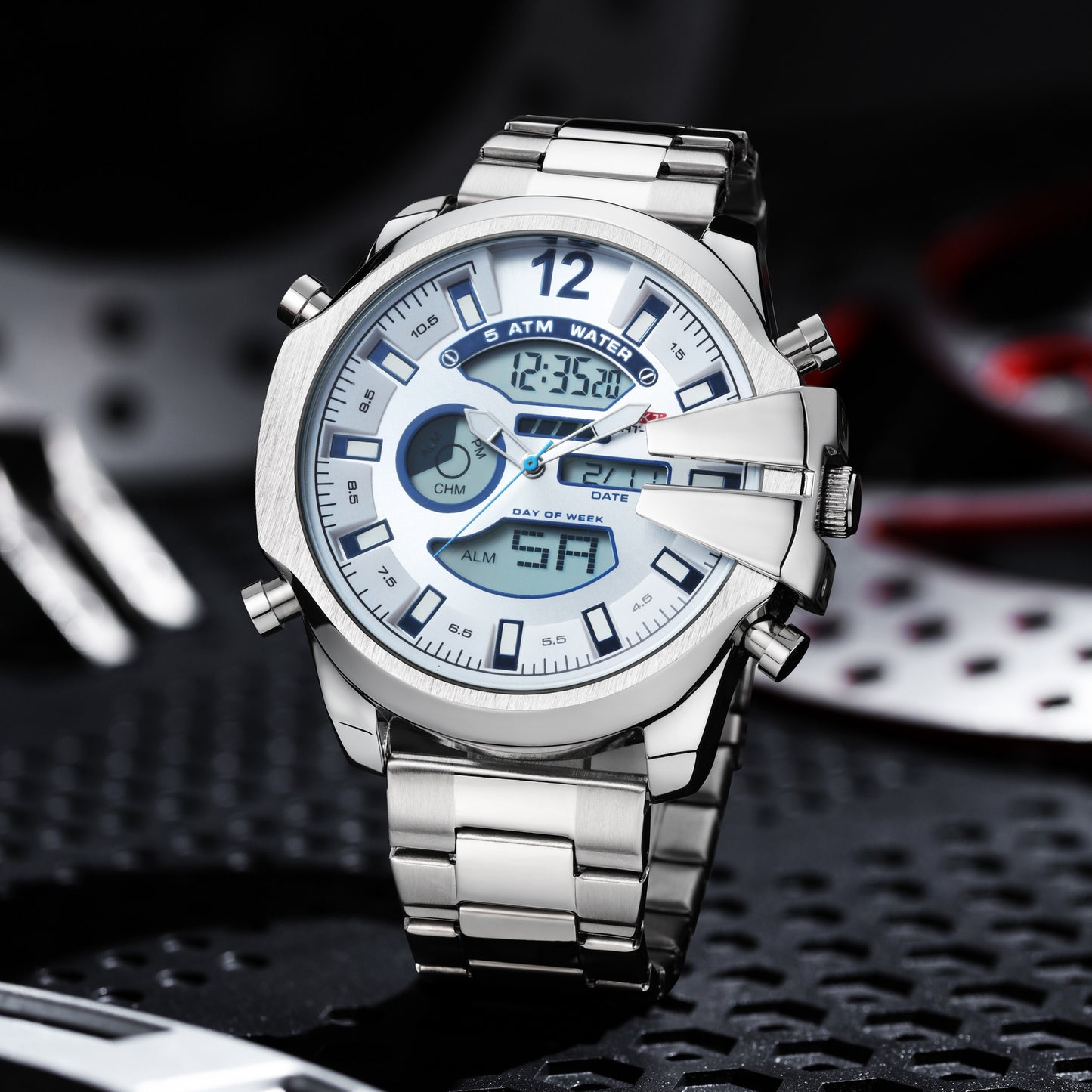 New Men's Double Display Alarm Clock Led Sports Steel Watch Waterproof