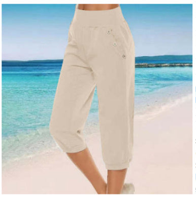 Women's Elastic Waist Fastener Decoration Solid Color Pants