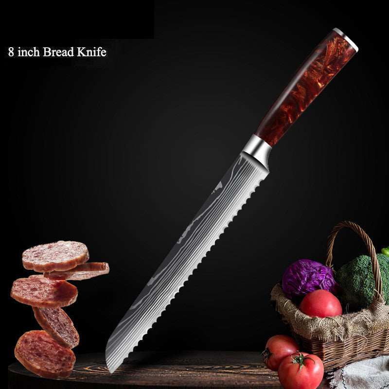 Red Resin Handle Damascus Laser Pattern Set Kitchen Knife