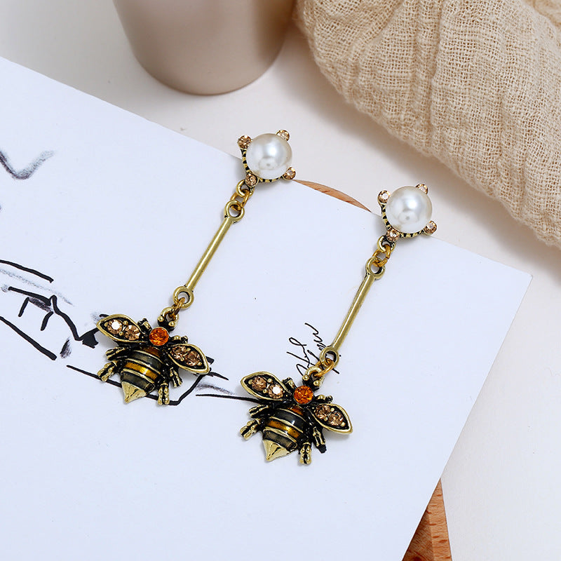 Little bee tassel earrings personality insect pearl long earrings earrings