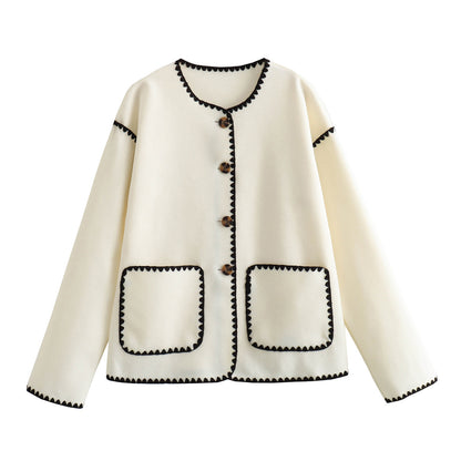 Graceful European And American Style Color Matching Pocket Decorative Woolen Fashionable Jacket