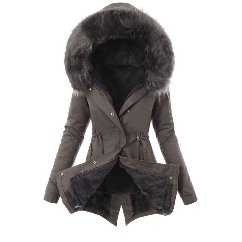 Fur collar drawstring solid color warm cotton coat