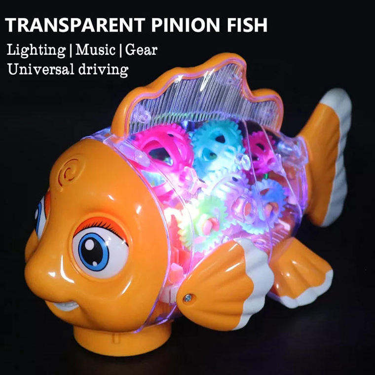 Electrical Universal Driving Walking Animal Toy Plastic Rotating Transparent Pinion Gear Fish with Dazzling Flash Light Music