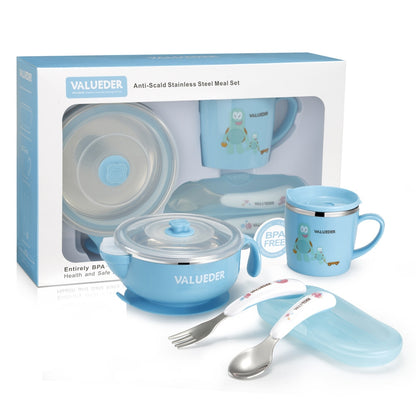 VALUEDER Baby Stainless Steel Feeding set with Baby Feeding Bowl Baby Spoon and Baby Cup As Gift Box