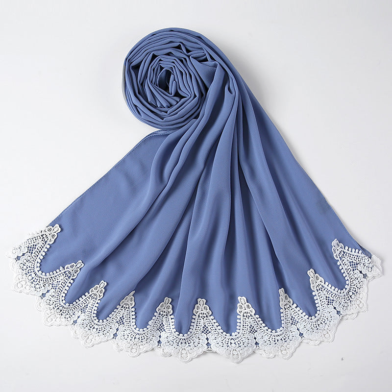 New Pearl Chiffon Scarf Malaysia Fashion Stitching Lace Scarf