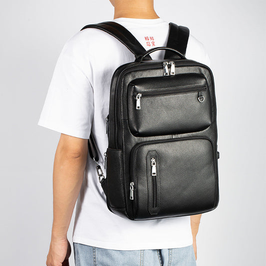 Cowhide Large Capacity Lightweight Lychee Pattern Computer Backpack