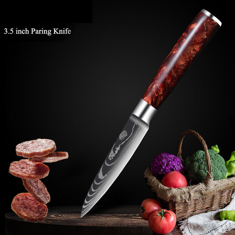 Red Resin Handle Damascus Laser Pattern Set Kitchen Knife